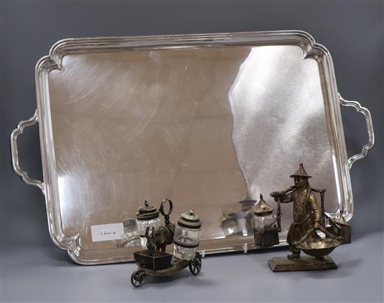 A silver plated tray and two novelty plated condiment sets